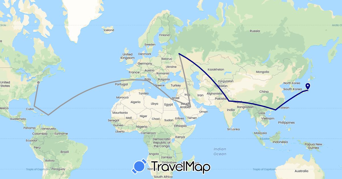 TravelMap itinerary: driving, plane in Bahamas, China, Egypt, India, Italy, Japan, Russia, Saudi Arabia, United States (Africa, Asia, Europe, North America)
